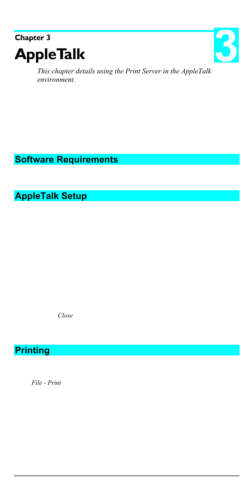 Appletalk, Software requirements, Appletalk setup | Printing | Accton Technology EN2024-6 User Manual | Page 12 / 121