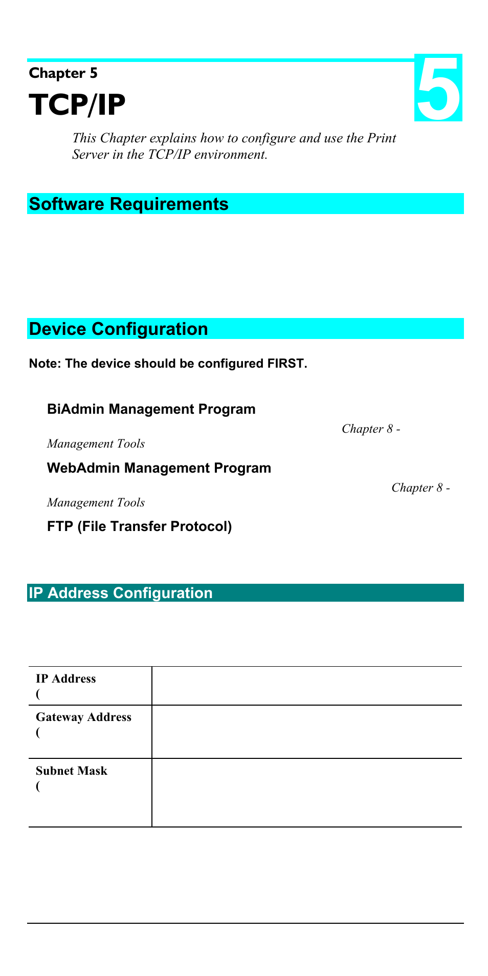 Tcp/ip, Software requirements, Device configuration | Accton Technology EN2024-6 User Manual | Page 31 / 121