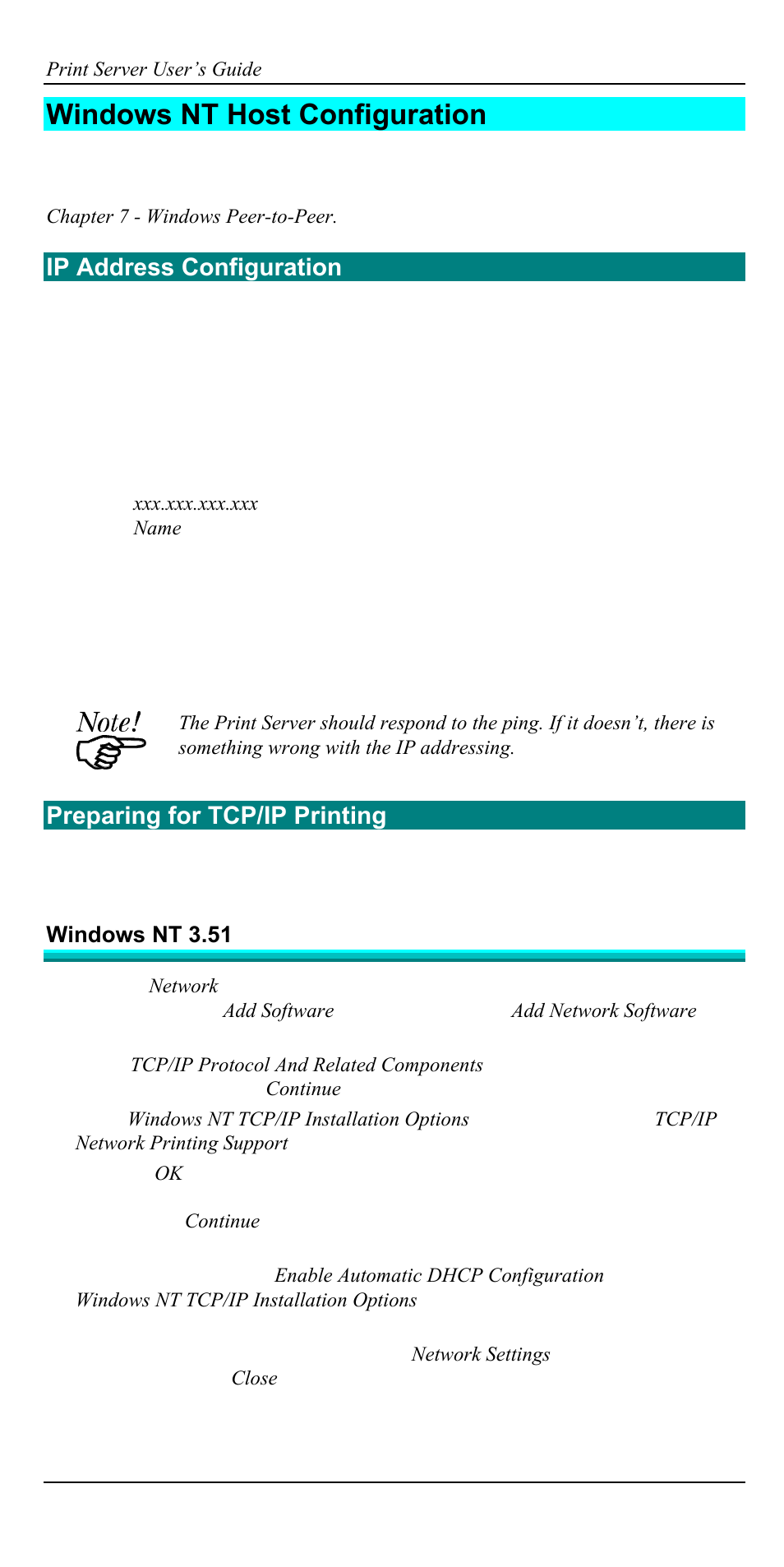 Windows nt host configuration, Ip address configuration, Preparing for tcp/ip printing | Accton Technology EN2024-6 User Manual | Page 42 / 121