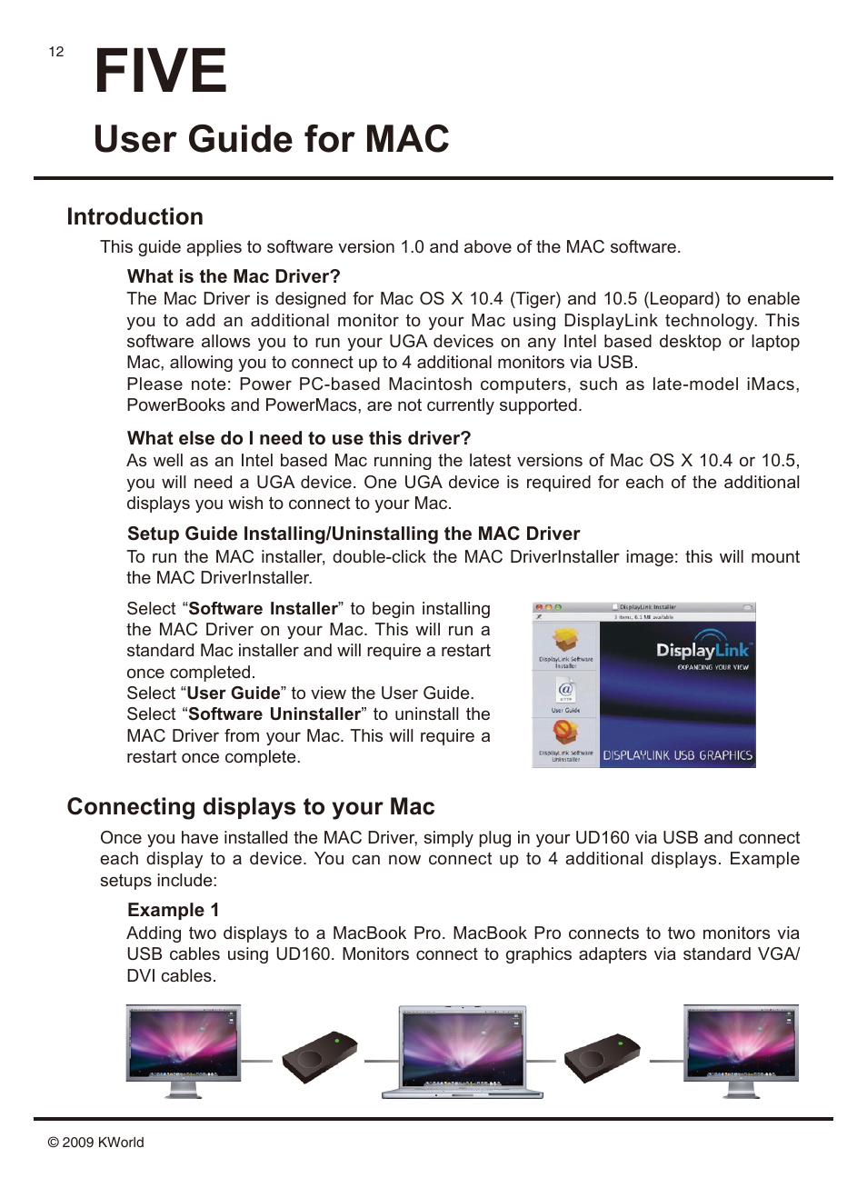 Five, User guide for mac, Introduction connecting displays to your mac | KWorld UD160 User Manual | Page 12 / 14