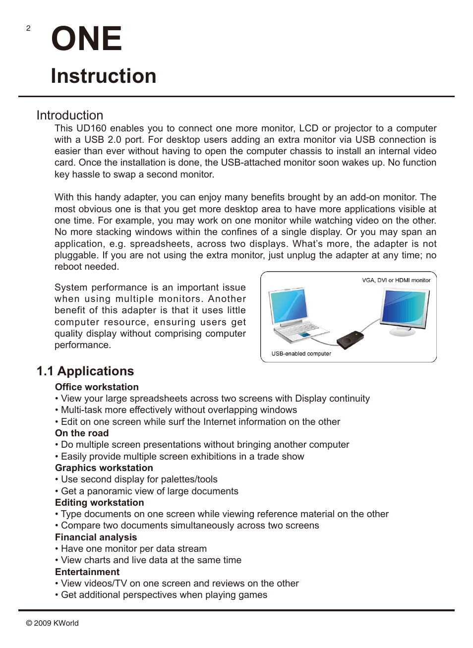 Instruction, Introduction, 1 applications | KWorld UD160 User Manual | Page 2 / 14