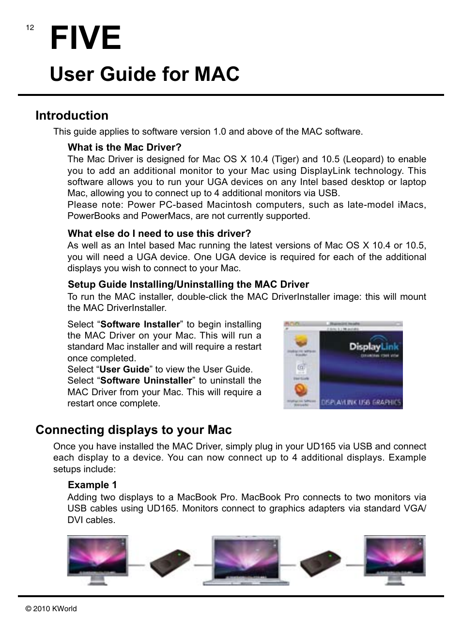 Five, User guide for mac, Introduction connecting displays to your mac | KWorld UD165 User Manual | Page 12 / 14