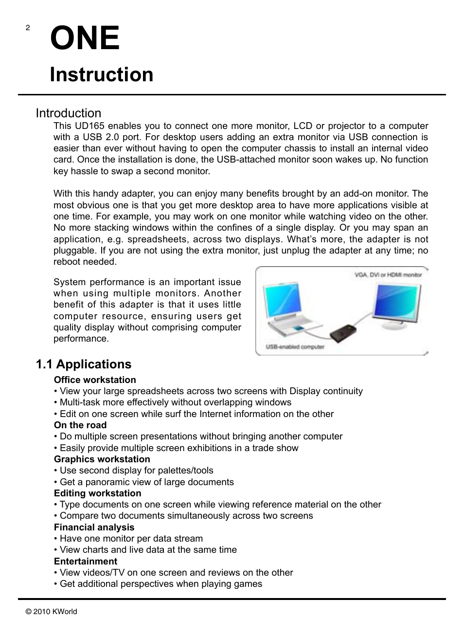 Instruction, Introduction, 1 applications | KWorld UD165 User Manual | Page 2 / 14