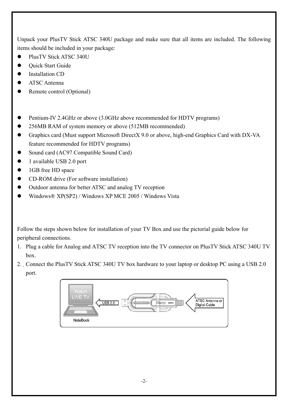 1 package contents, 2 system requirements, 3 hardware installation | 2 1.2 system requirements, 2 1.3 hardware installation | KWorld ATSC 340U S0 User Manual | Page 2 / 10