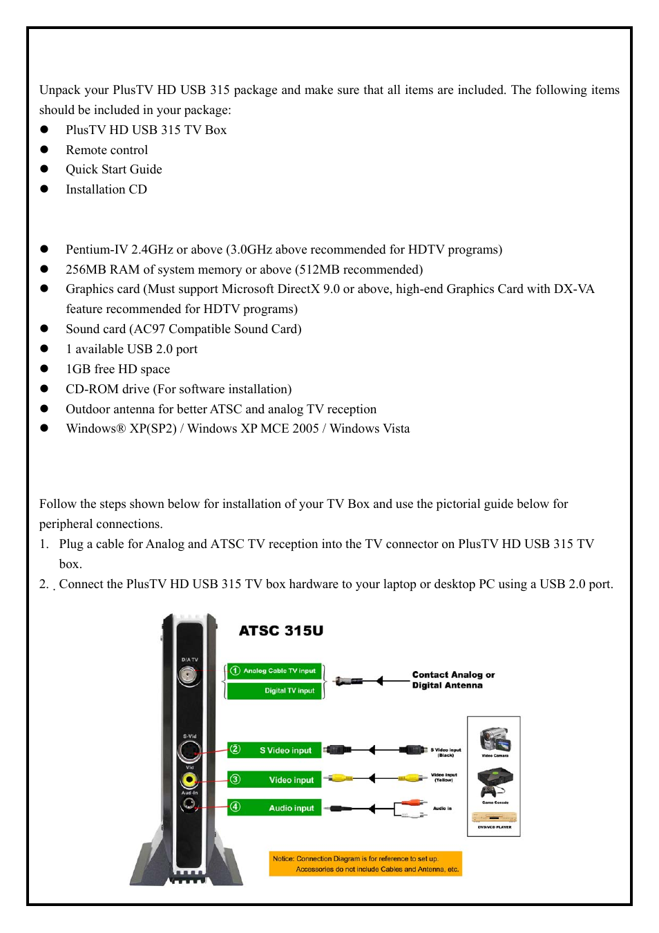 1 package contents, 2 system requirements, 3 hardware installation | Chapter 1: plustv hd usb 315 hardware installation, 2 1.2 system requirements, 2 1.3 hardware installation | KWorld ATSC 315U S08 User Manual | Page 2 / 11