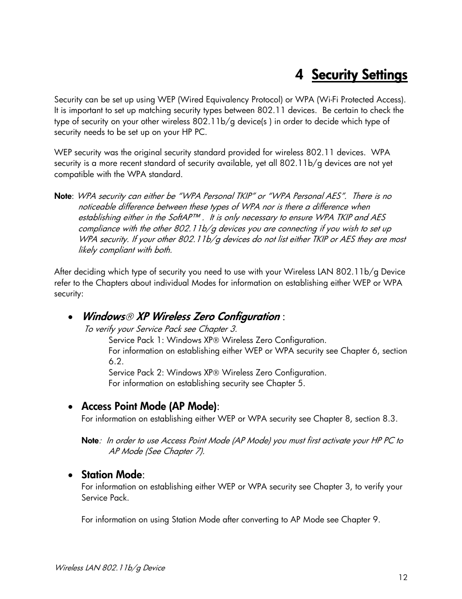 4 security settings, Windows ® xp wireless zero configuration | Accton Technology Wireless LAN 802.11b/g Device WN4201B User Manual | Page 12 / 97