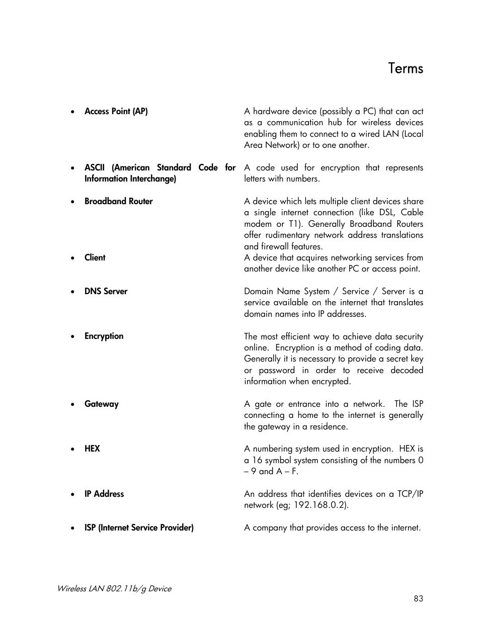 Terms | Accton Technology Wireless LAN 802.11b/g Device WN4201B User Manual | Page 83 / 97