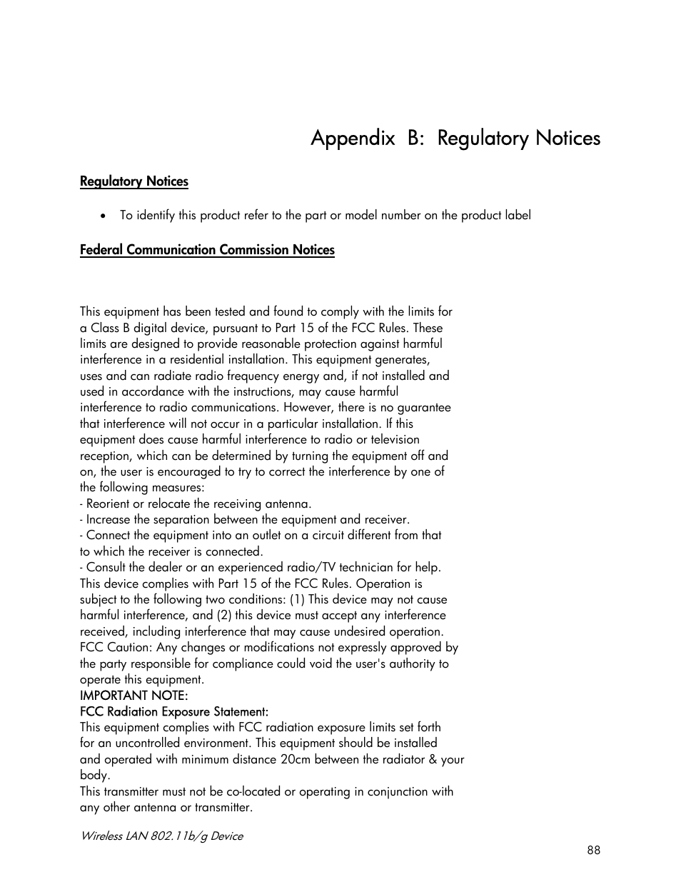 Appendix b: regulatory notices | Accton Technology Wireless LAN 802.11b/g Device WN4201B User Manual | Page 88 / 97