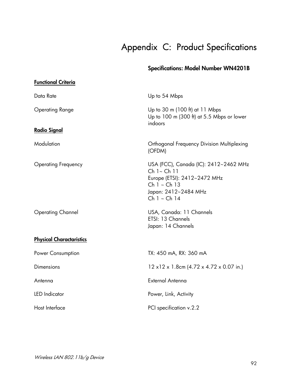 Appendix c: product specifications | Accton Technology Wireless LAN 802.11b/g Device WN4201B User Manual | Page 92 / 97