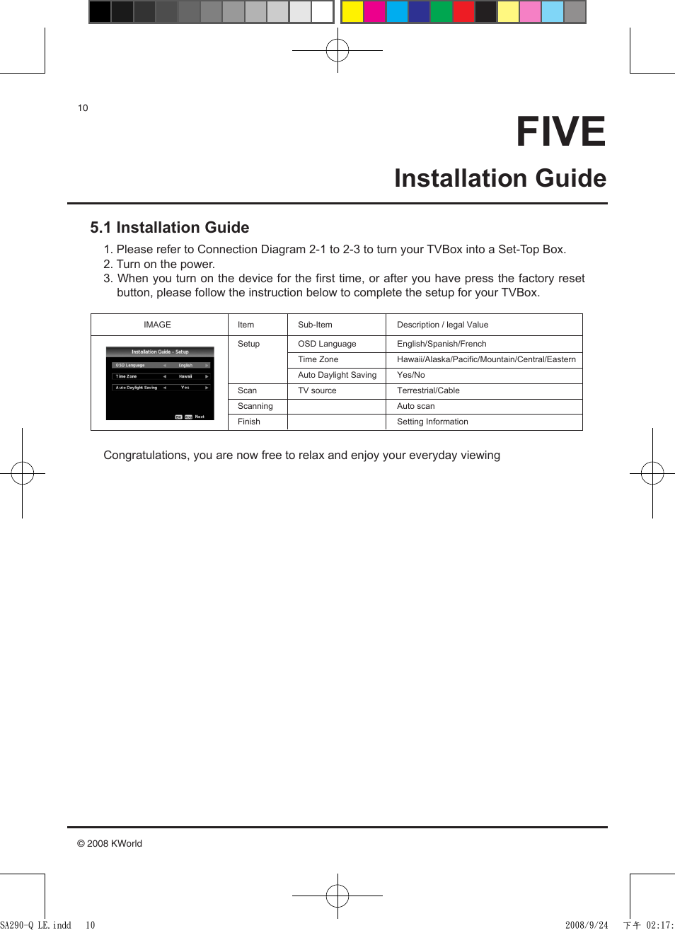 Five, Installation guide, 1 installation guide | KWorld SA290-Q LE User Manual | Page 10 / 12