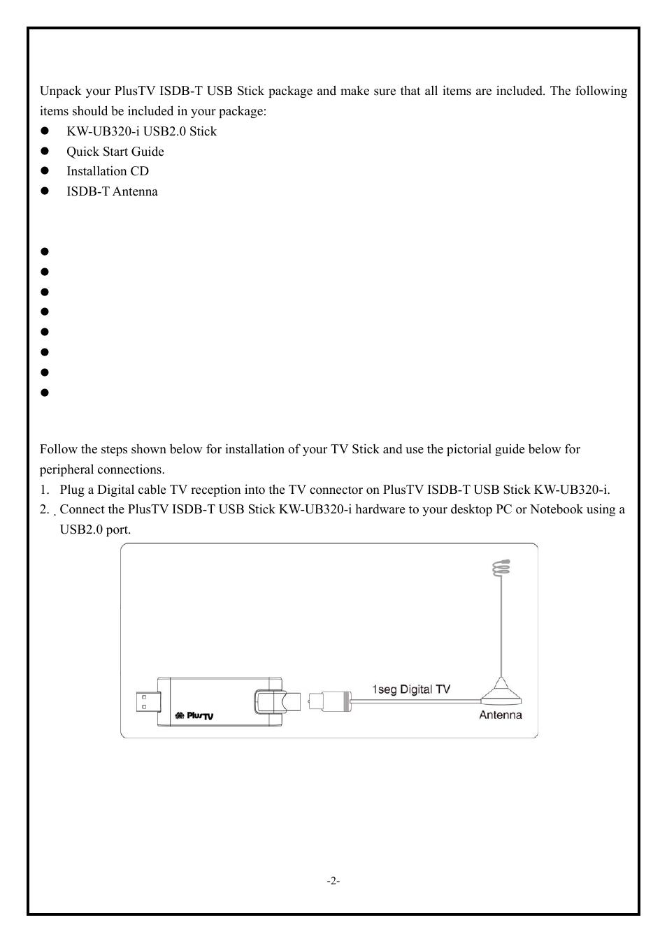 1 package contents, 2 system requirements, 3 hardware installation | 2 1.2 system requirements, 2 1.3 hardware installation | KWorld UB320-i User Manual | Page 2 / 10