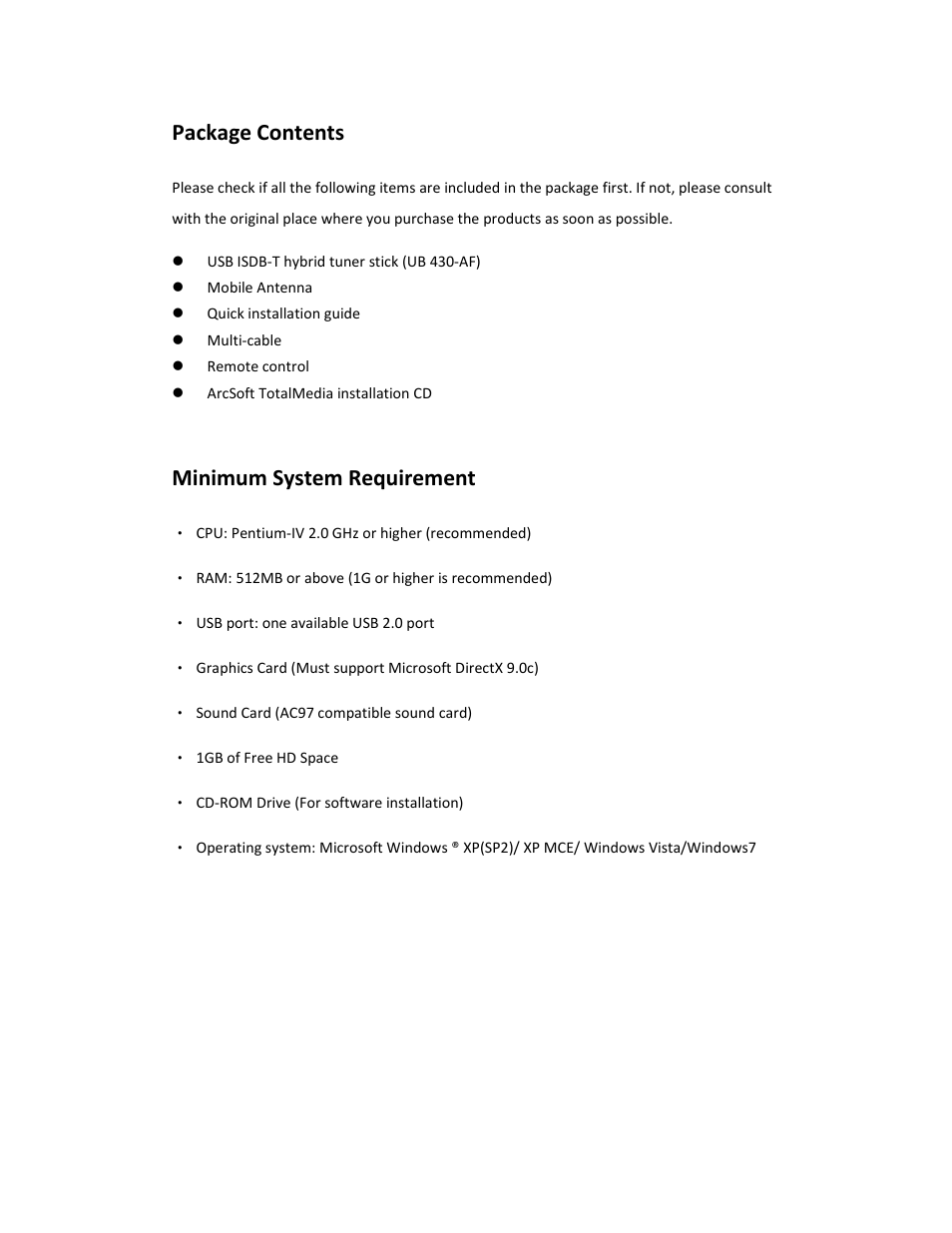 Package contents, Minimum system requirement | KWorld UB430-AF User Manual | Page 2 / 10