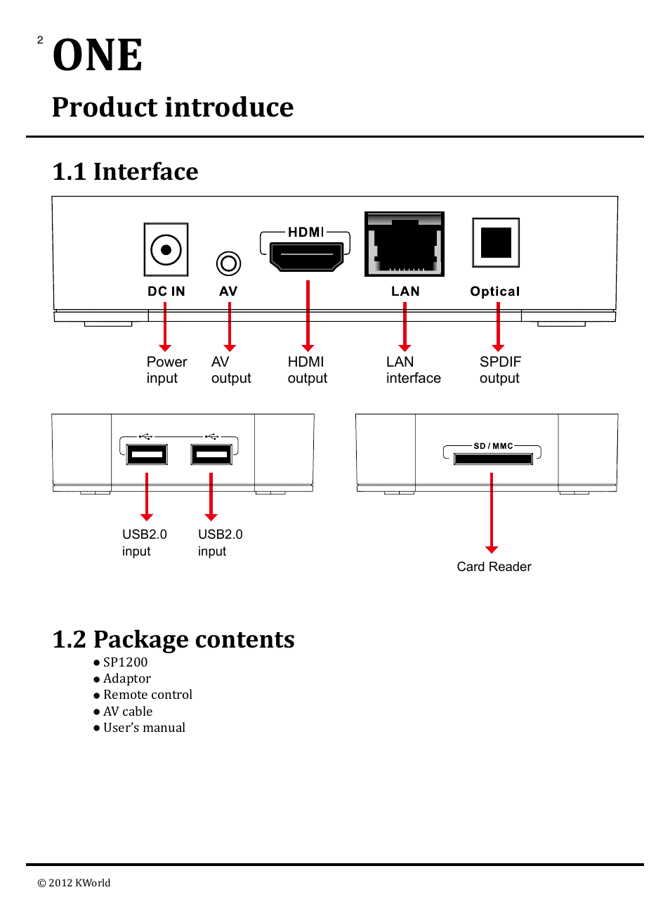 Product introduce, 1 interface 1.2 package contents | KWorld SP1200 User Manual | Page 2 / 25