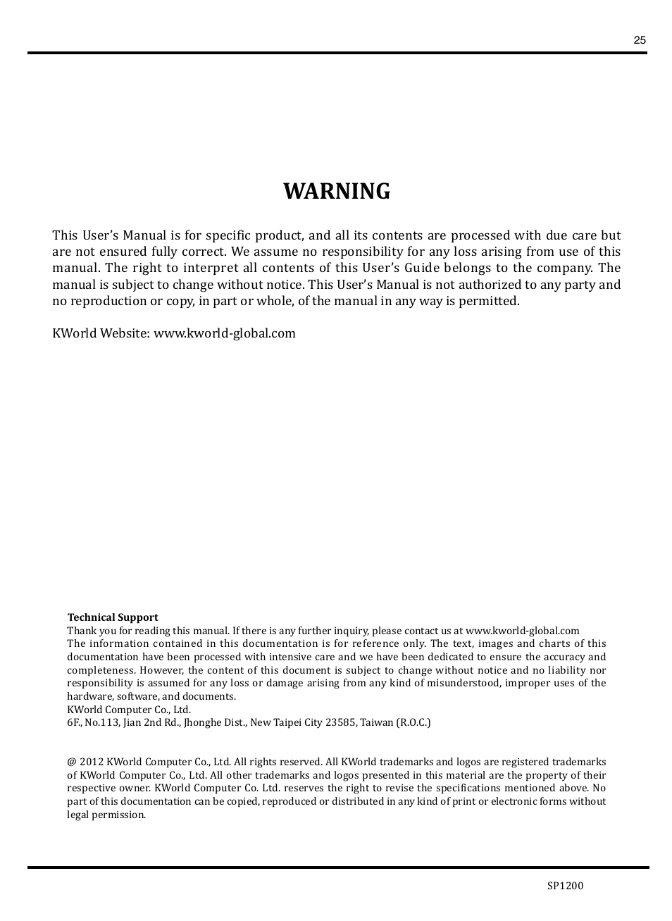 Warning | KWorld SP1200 User Manual | Page 25 / 25