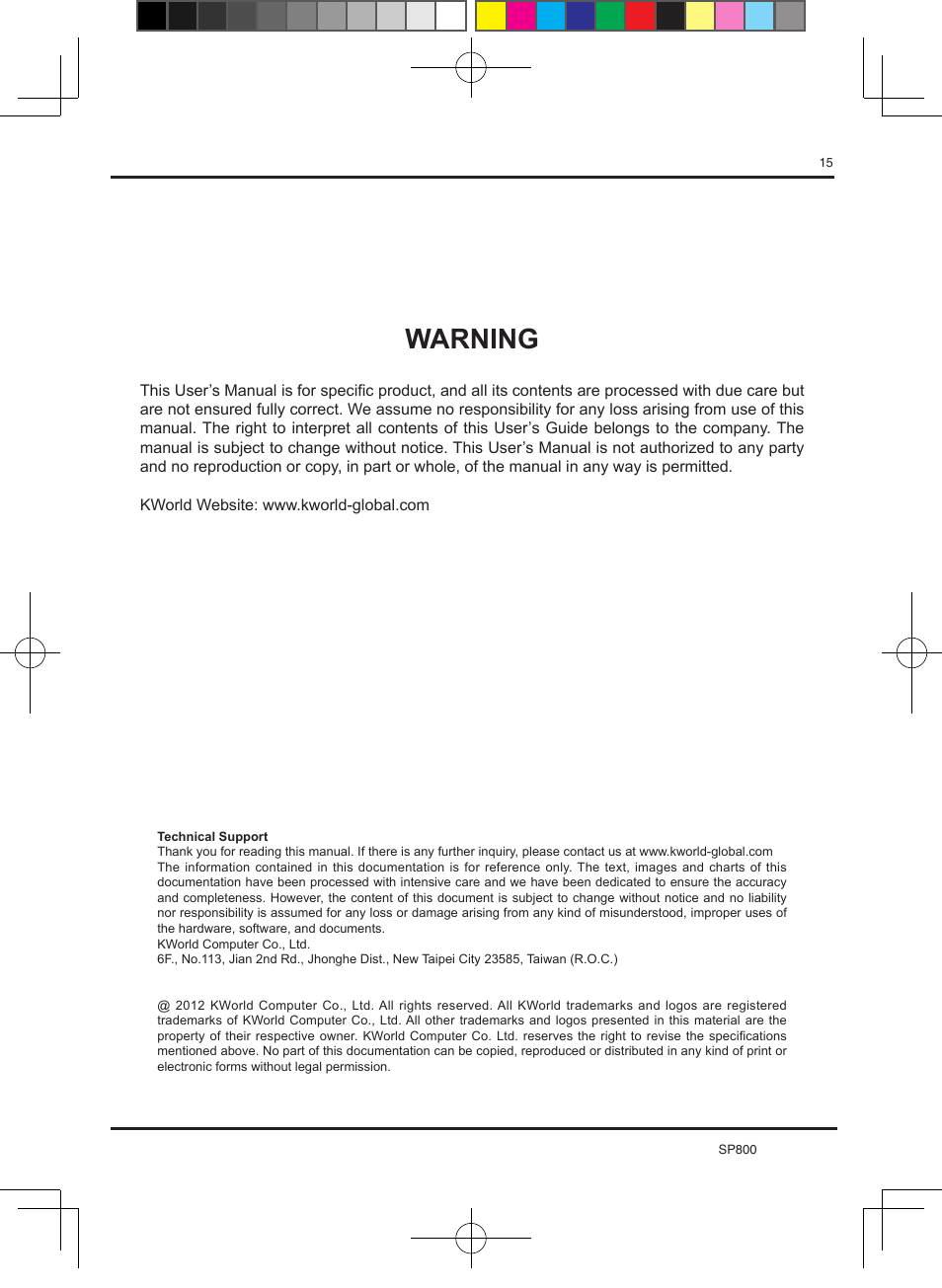 Warning | KWorld SP800 User Manual | Page 15 / 15