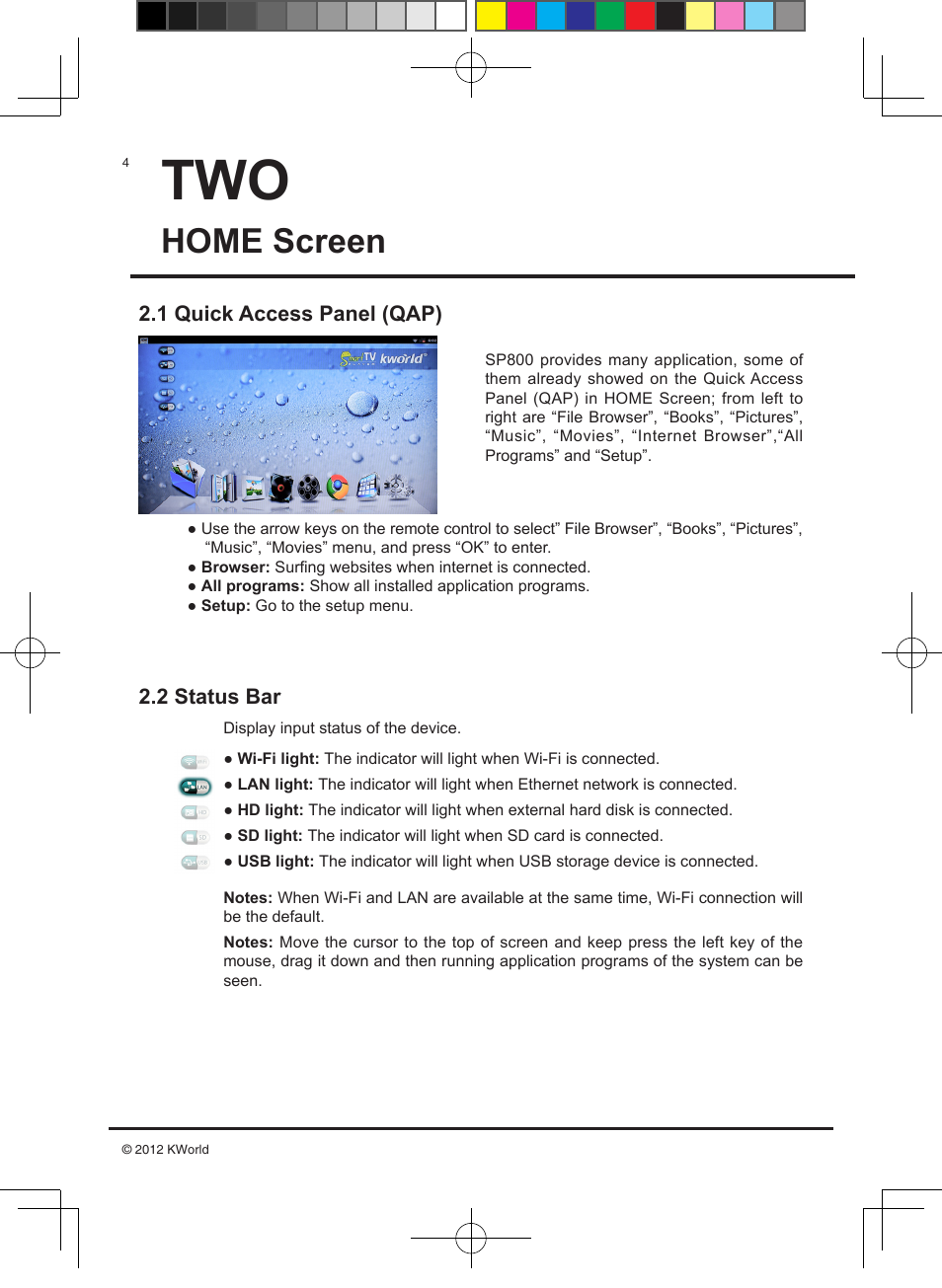 Home screen, 1 quick access panel (qap) 2.2 status bar | KWorld SP800 User Manual | Page 4 / 15