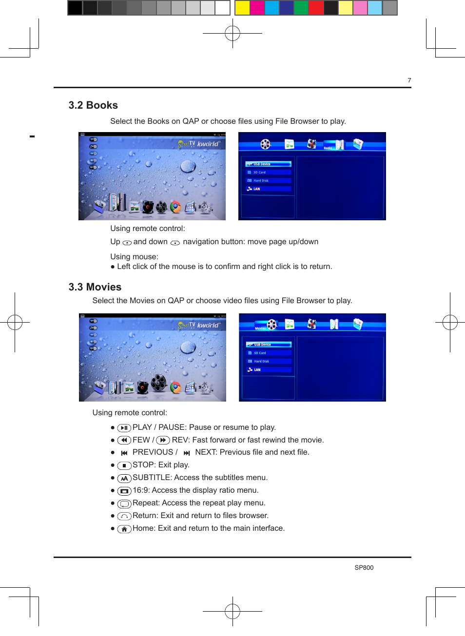 3 movies, 2 books | KWorld SP800 User Manual | Page 7 / 15