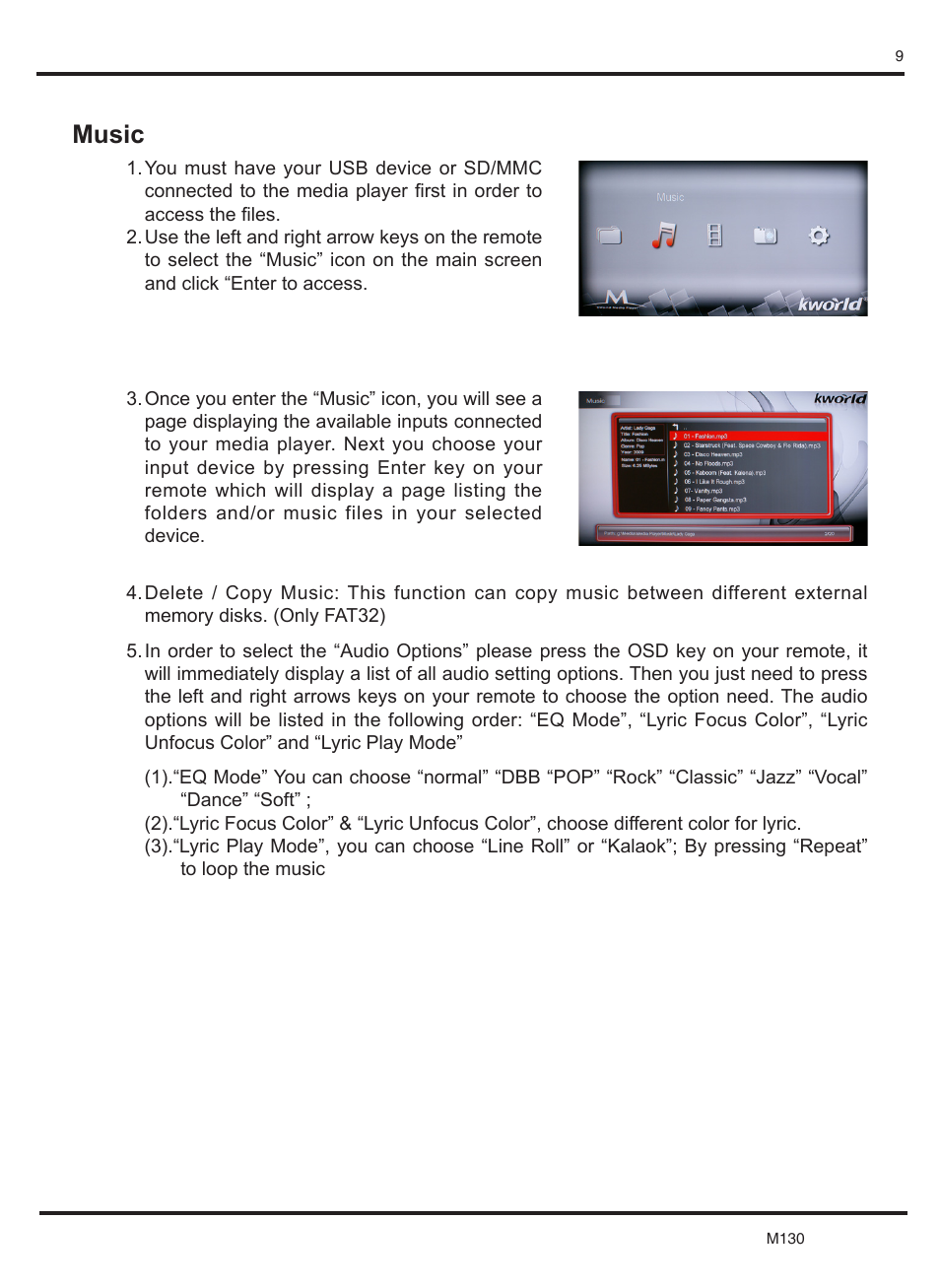 Music | KWorld M130 User Manual | Page 10 / 16