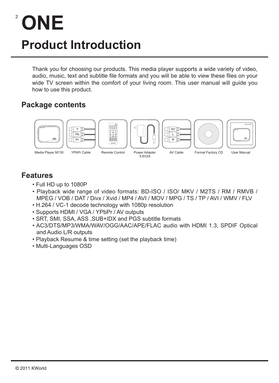 Product introduction, Package contents features | KWorld M130 User Manual | Page 3 / 16