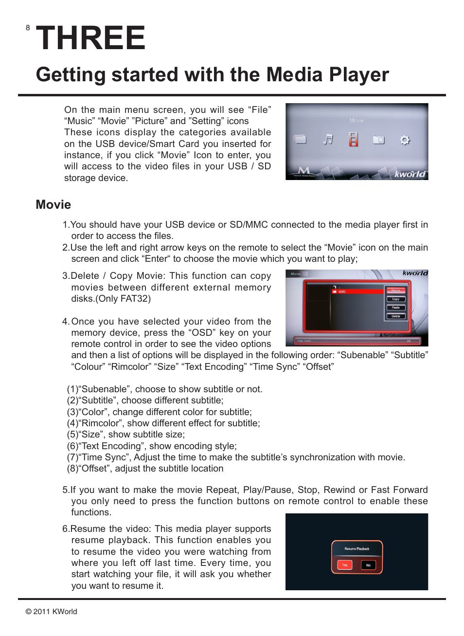 Three, Getting started with the media player, Movie | KWorld M130 User Manual | Page 9 / 16