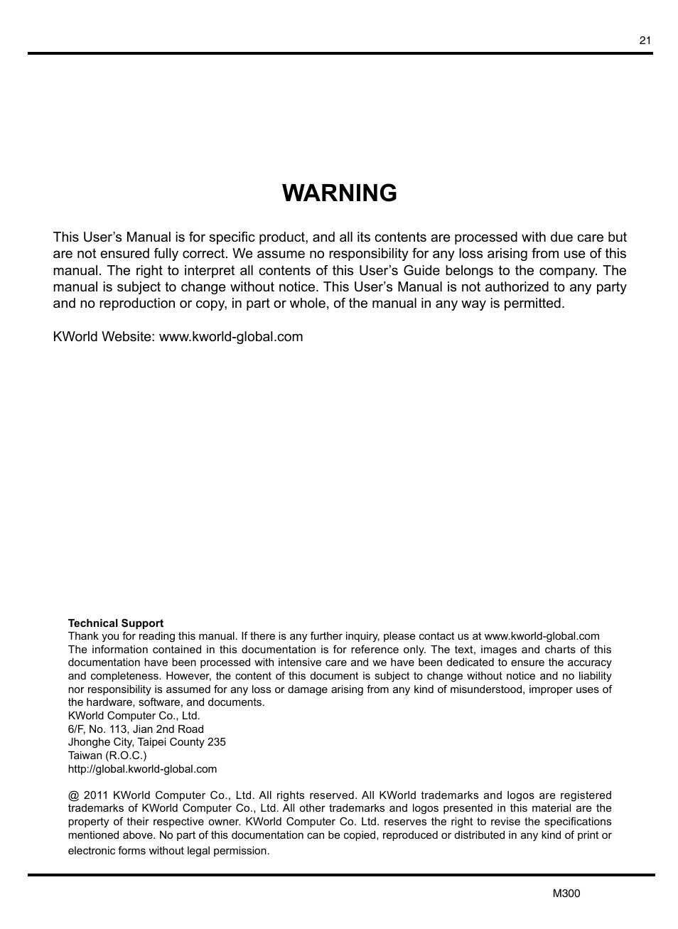 Warning | KWorld M300 User Manual | Page 22 / 23