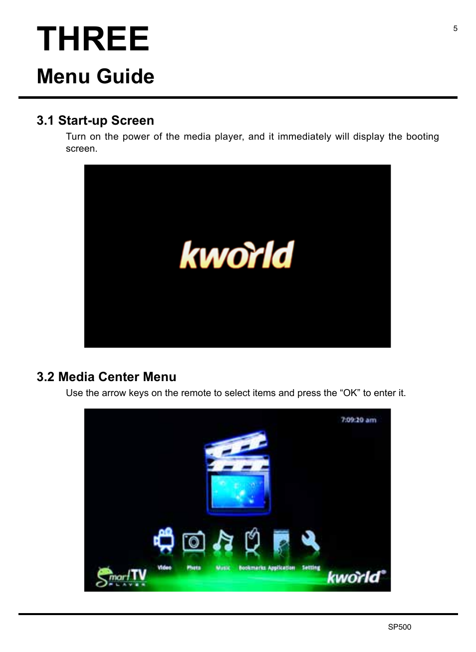 Three, Menu guide | KWorld SP500 User Manual | Page 6 / 23