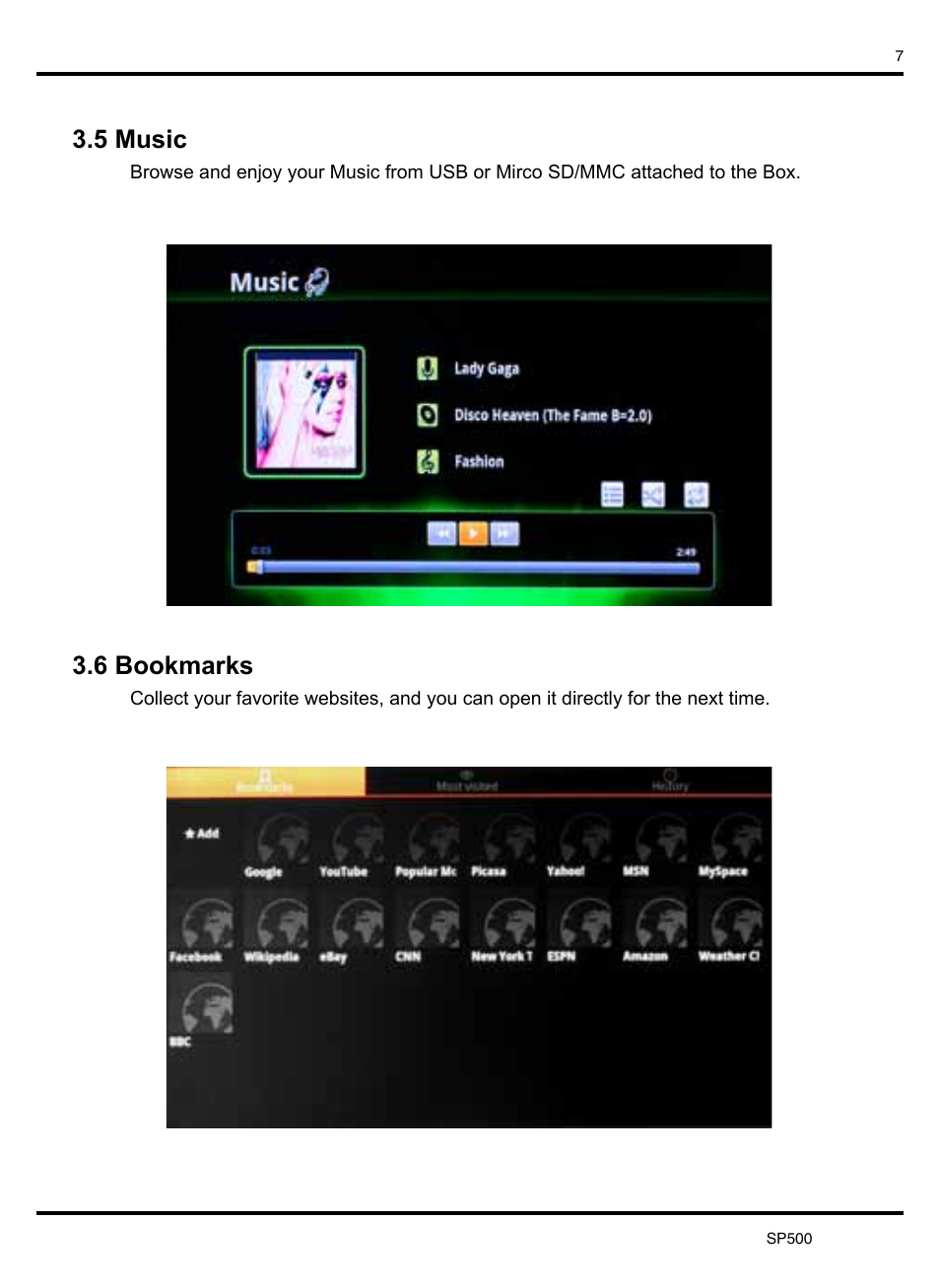 5 music 3.6 bookmarks | KWorld SP500 User Manual | Page 8 / 23