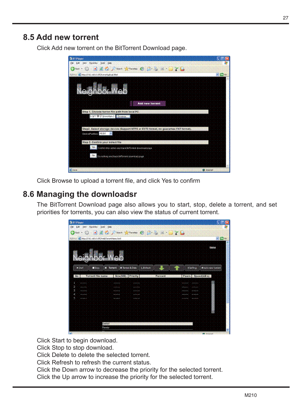 5 add new torrent 8.6 managing the downloadsr | KWorld M210 User Manual | Page 28 / 38