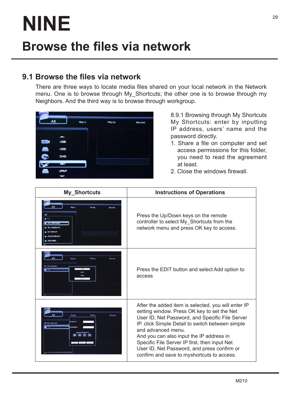 Nine, Browse the files via network, 1 browse the files via network | KWorld M210 User Manual | Page 30 / 38