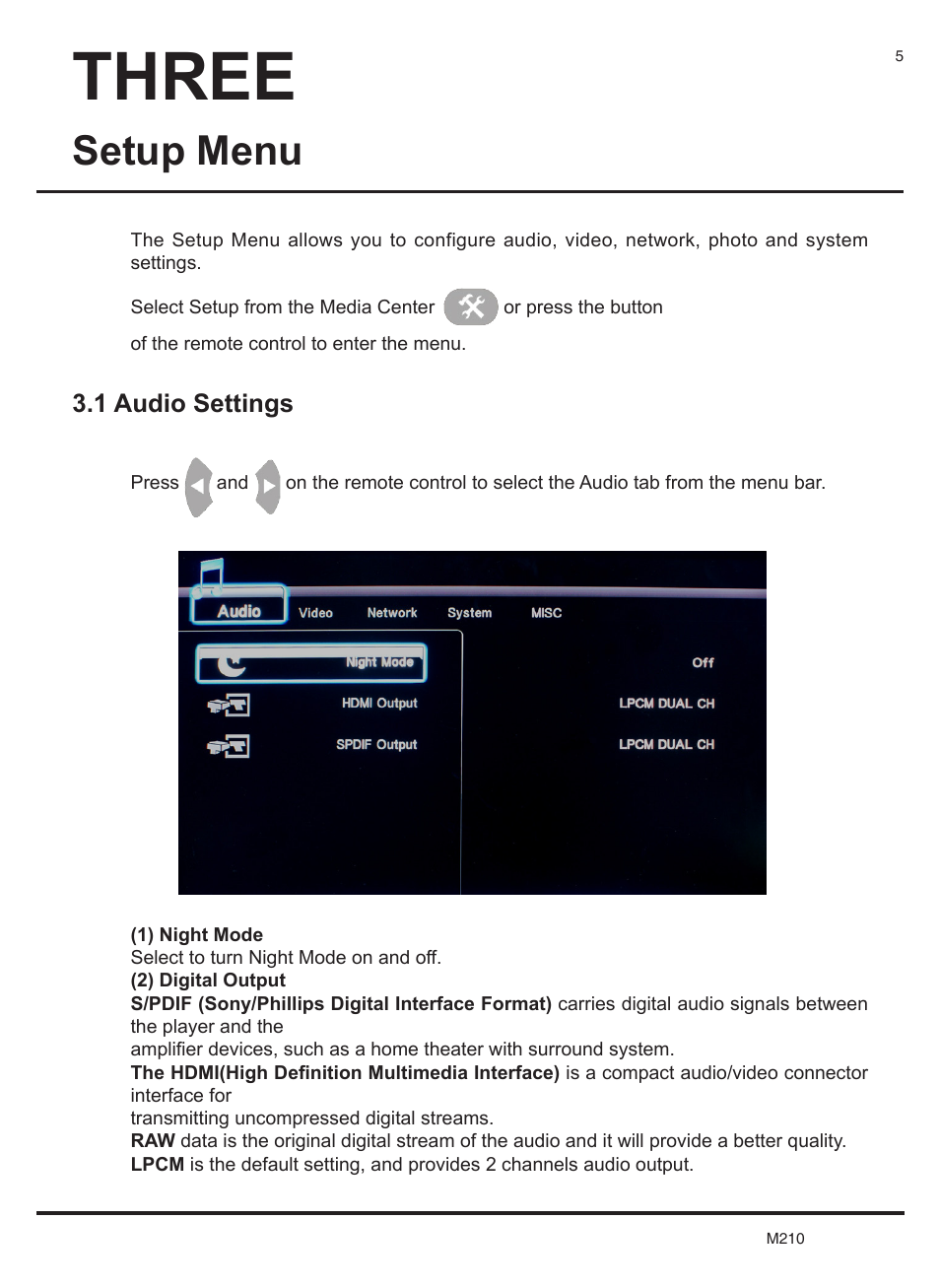 Three, Setup menu | KWorld M210 User Manual | Page 6 / 38