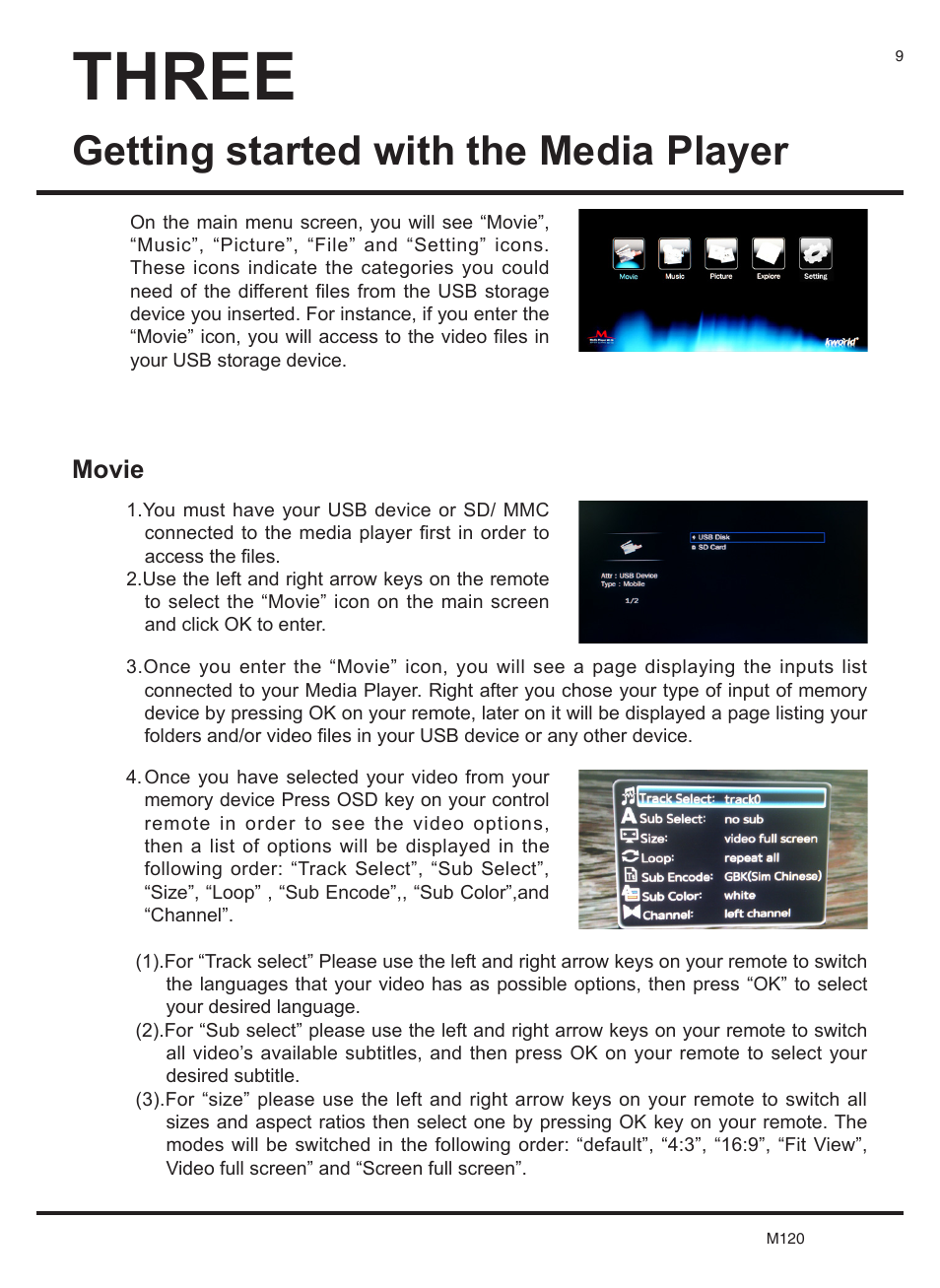 Three, Getting started with the media player, Movie | KWorld M120 User Manual | Page 10 / 18