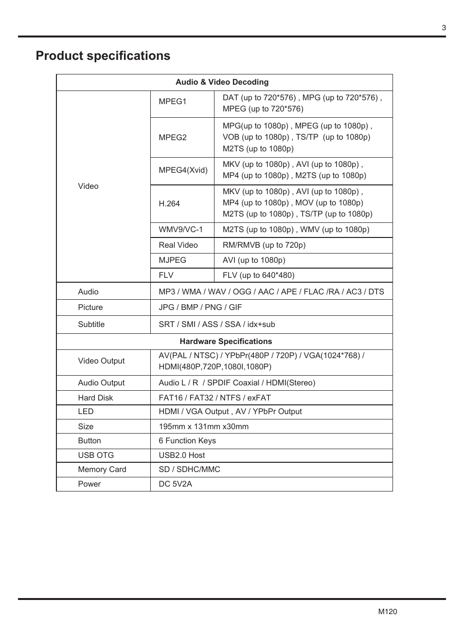 Product specifications | KWorld M120 User Manual | Page 4 / 18