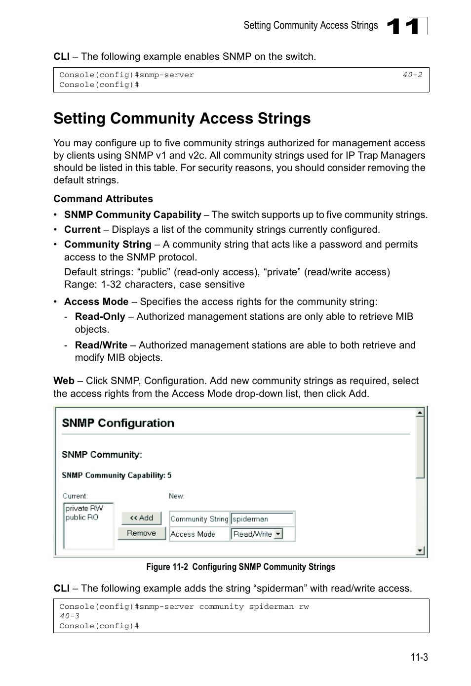 Setting community access strings, Figure 11-2, Configuring snmp community strings | Accton Technology Direk Tronik ES4524D User Manual | Page 103 / 588