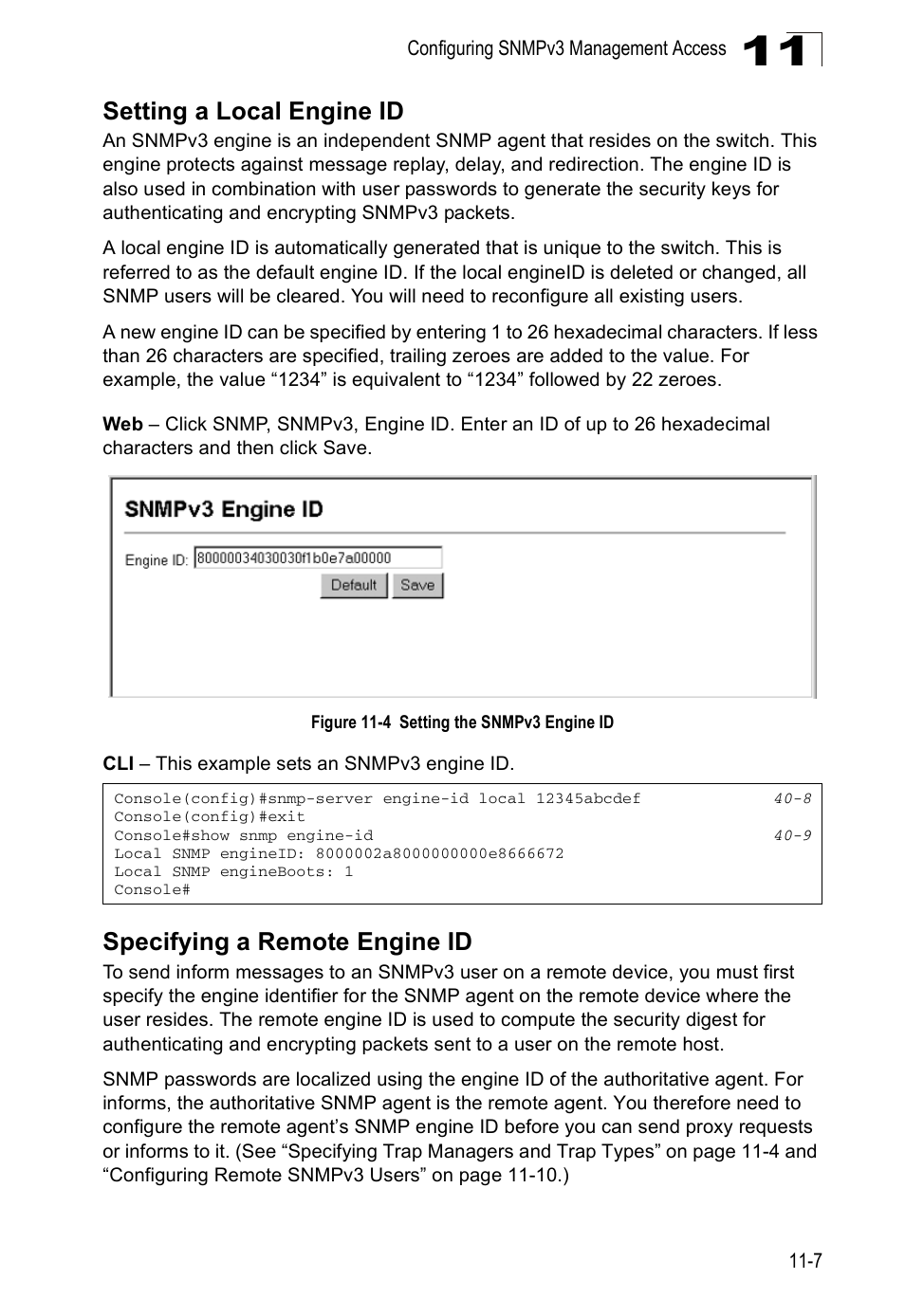 Setting a local engine id, Specifying a remote engine id, Figure 11-4 | Setting the snmpv3 engine id | Accton Technology Direk Tronik ES4524D User Manual | Page 107 / 588