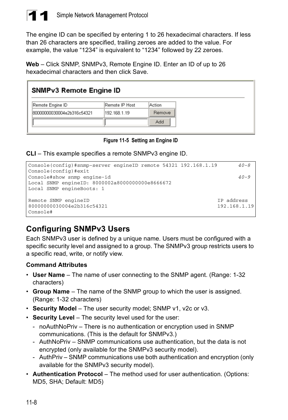 Configuring snmpv3 users, Figure 11-5, Setting an engine id | Accton Technology Direk Tronik ES4524D User Manual | Page 108 / 588