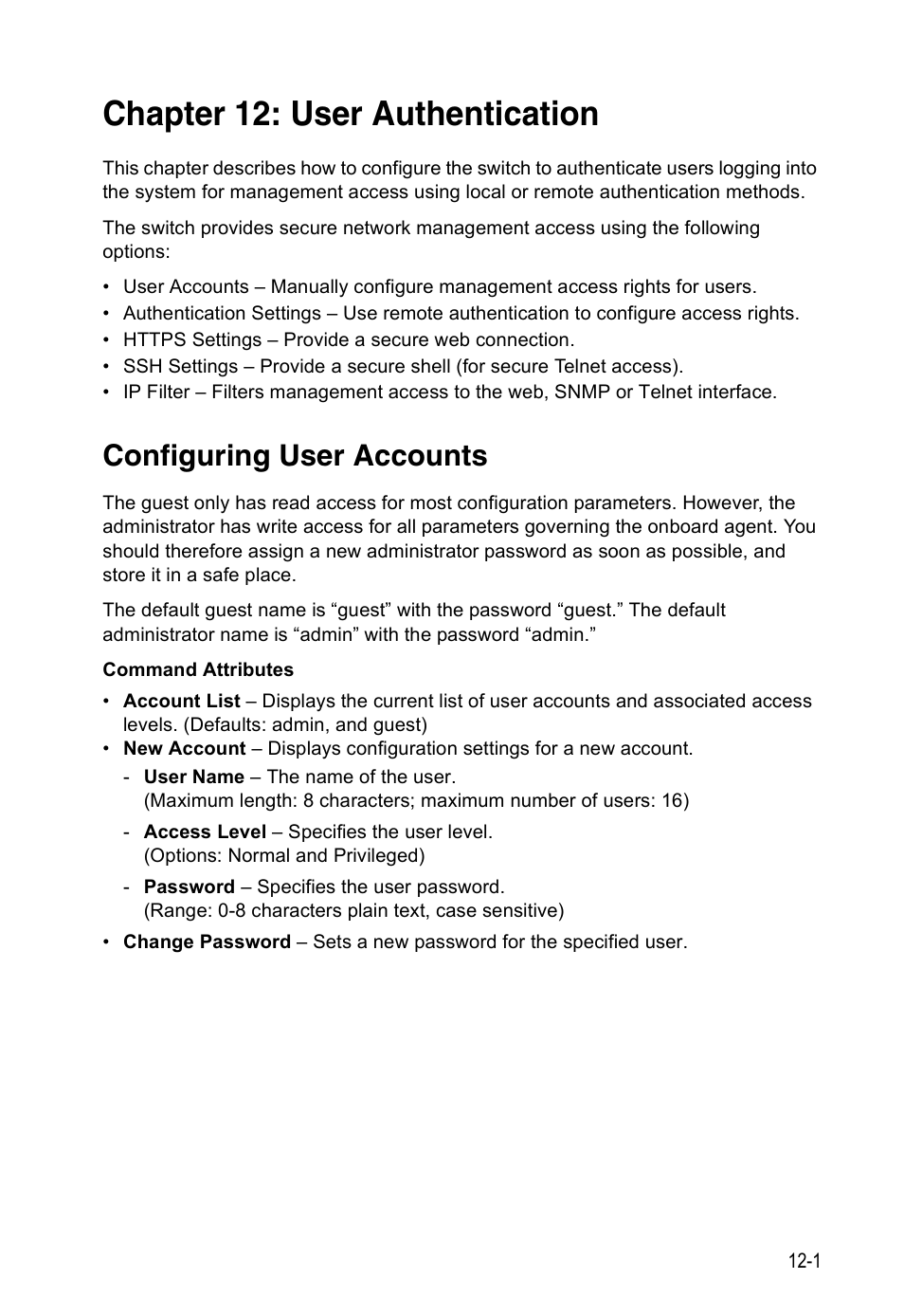 Chapter 12: user authentication, Configuring user accounts, User authentication | Accton Technology Direk Tronik ES4524D User Manual | Page 119 / 588