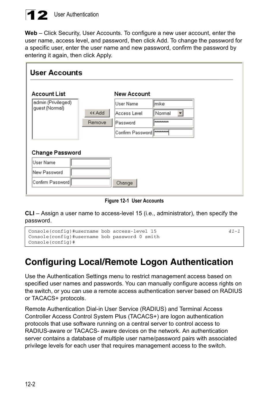 Configuring local/remote logon authentication, Figure 12-1, User accounts | Accton Technology Direk Tronik ES4524D User Manual | Page 120 / 588