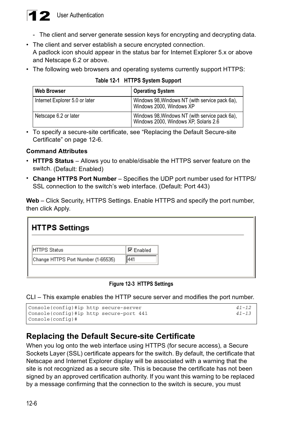 Replacing the default secure-site certificate, Table 12-1, Https system support | Figure 12-3, Https settings | Accton Technology Direk Tronik ES4524D User Manual | Page 124 / 588