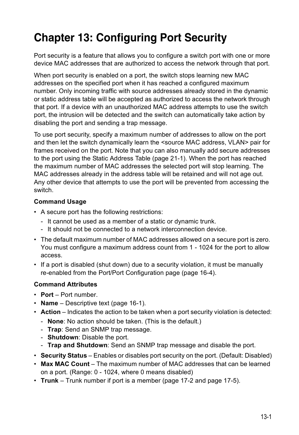 Chapter 13: configuring port security, Configuring port security | Accton Technology Direk Tronik ES4524D User Manual | Page 133 / 588