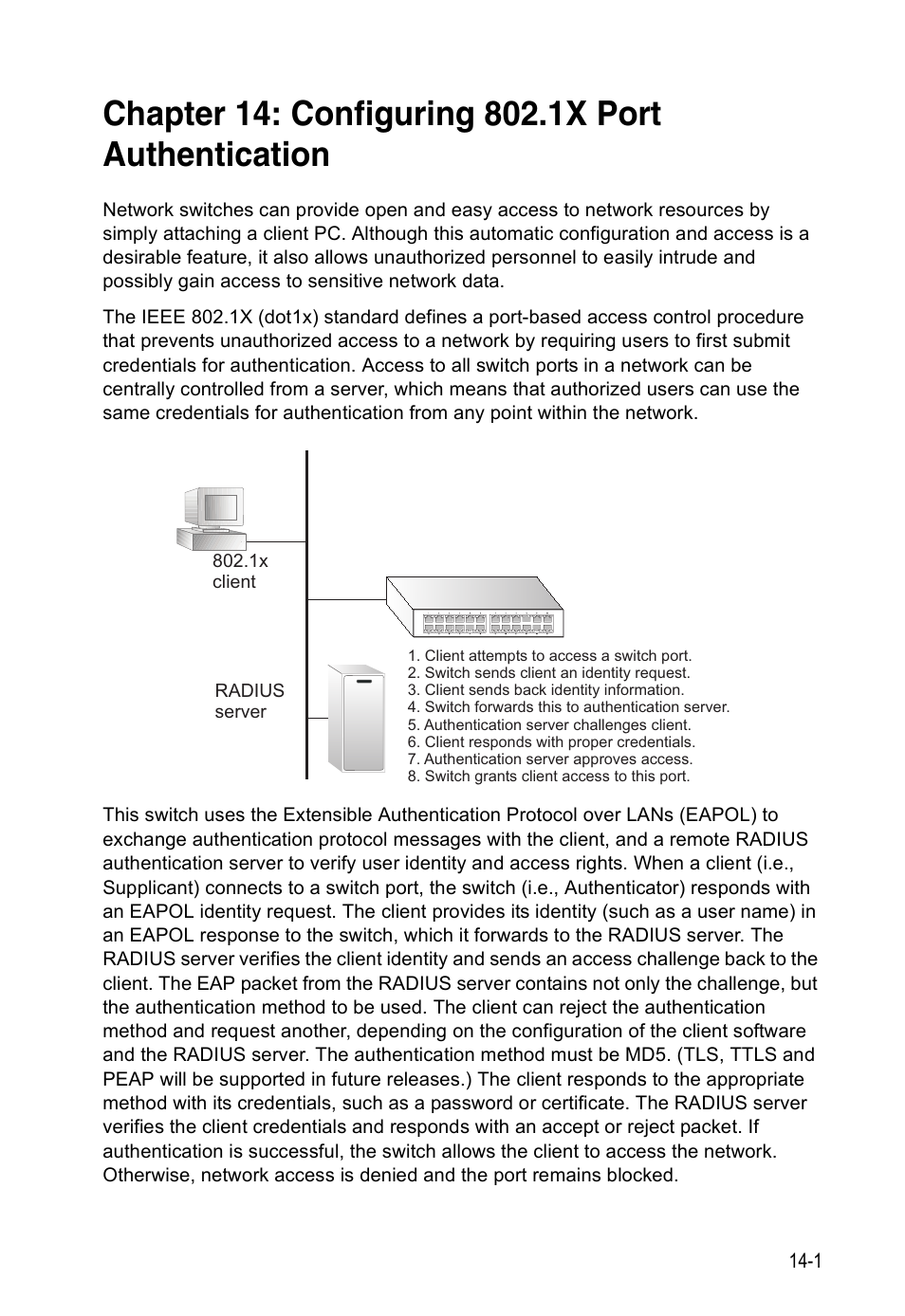 Chapter 14: configuring 802.1x port authentication, Configuring 802.1x port authentication | Accton Technology Direk Tronik ES4524D User Manual | Page 135 / 588