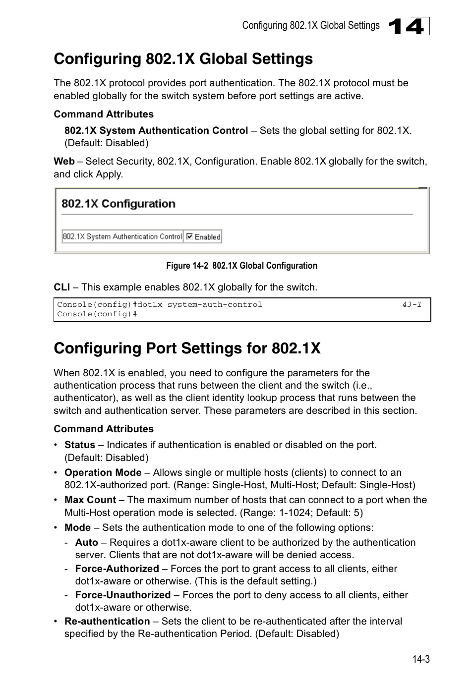 Configuring 802.1x global settings, Configuring port settings for 802.1x, Figure 14-2 | 1x global configuration | Accton Technology Direk Tronik ES4524D User Manual | Page 137 / 588