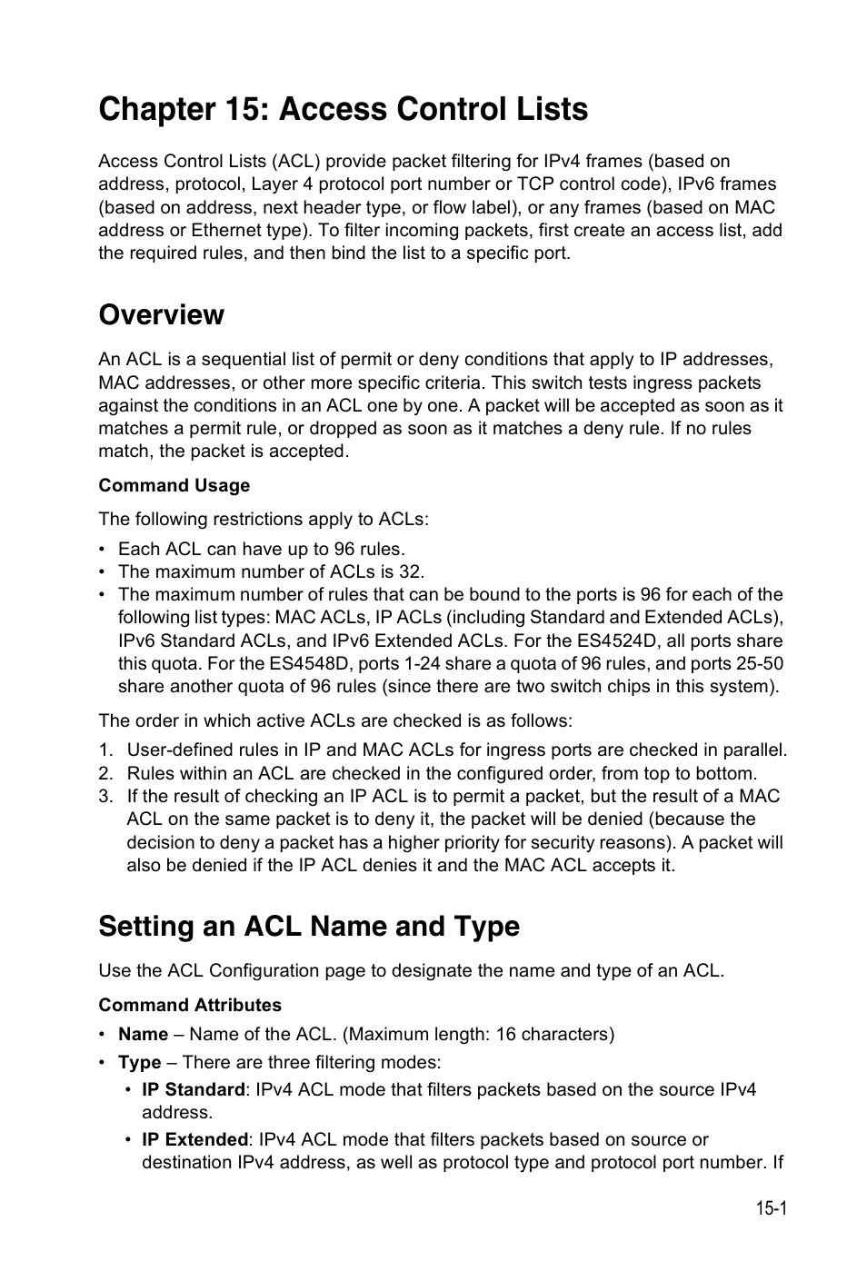 Chapter 15: access control lists, Overview, Setting an acl name and type | Overview 15-1 setting an acl name and type, Access control lists | Accton Technology Direk Tronik ES4524D User Manual | Page 143 / 588