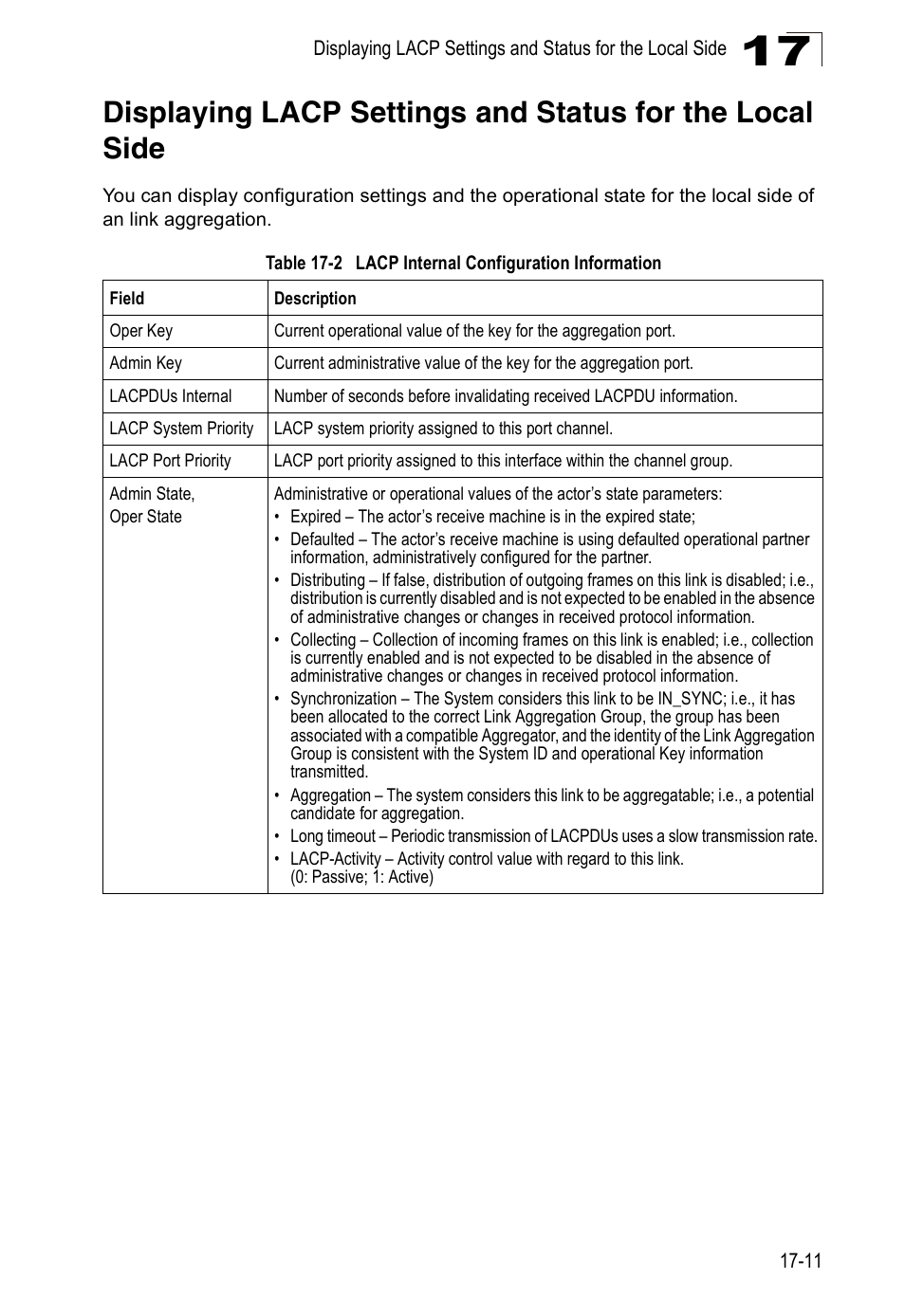 Table 17-2, Lacp internal configuration information | Accton Technology Direk Tronik ES4524D User Manual | Page 175 / 588