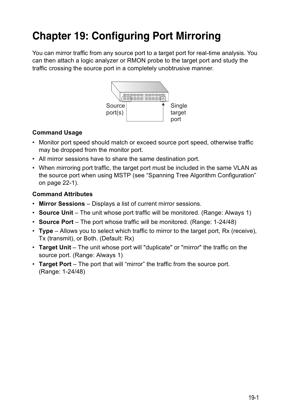 Chapter 19: configuring port mirroring, Configuring port mirroring | Accton Technology Direk Tronik ES4524D User Manual | Page 181 / 588