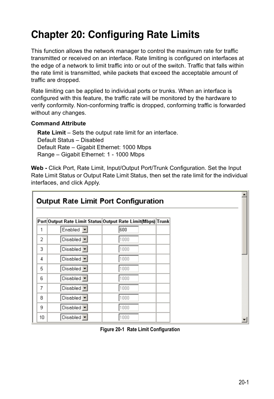 Chapter 20: configuring rate limits, Figure 20-1, Rate limit configuration | Configuring rate limits | Accton Technology Direk Tronik ES4524D User Manual | Page 183 / 588