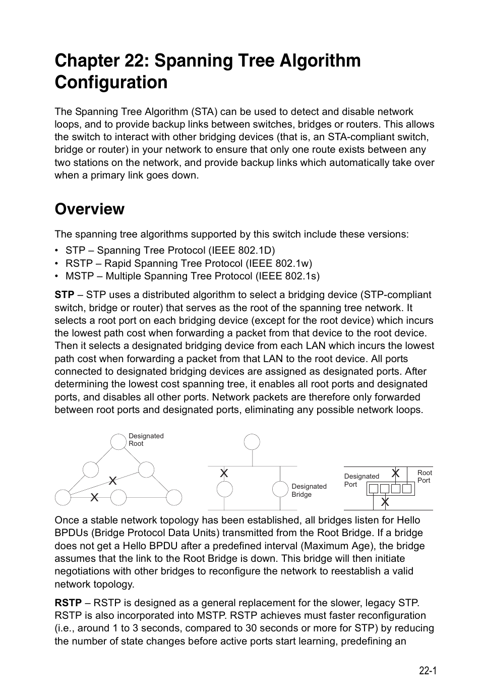 Chapter 22: spanning tree algorithm configuration, Overview, Overview 22-1 | Spanning tree algorithm configuration | Accton Technology Direk Tronik ES4524D User Manual | Page 189 / 588