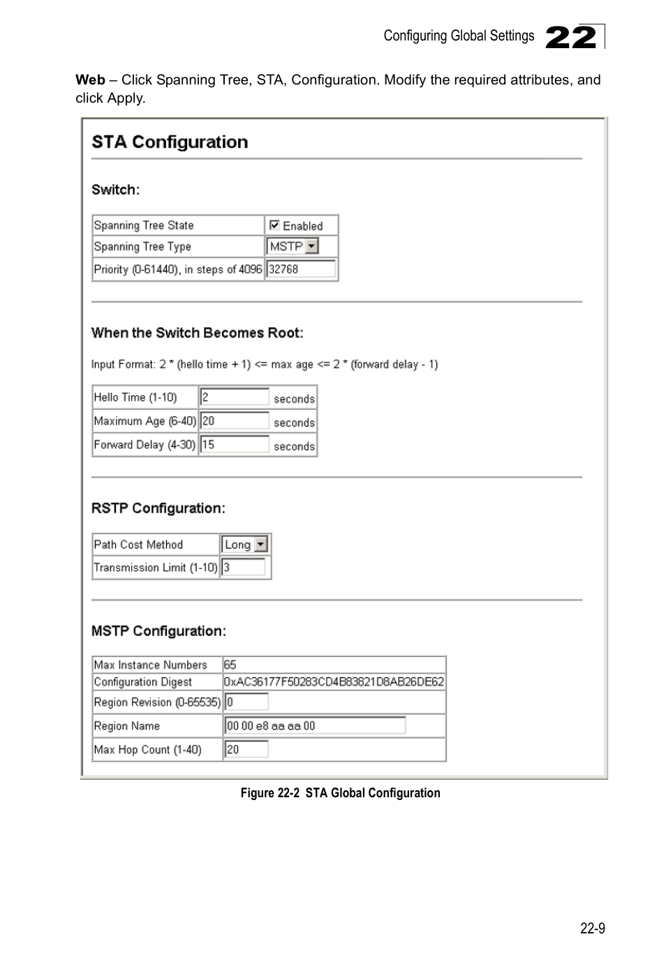 Figure 22-2, Sta global configuration | Accton Technology Direk Tronik ES4524D User Manual | Page 197 / 588