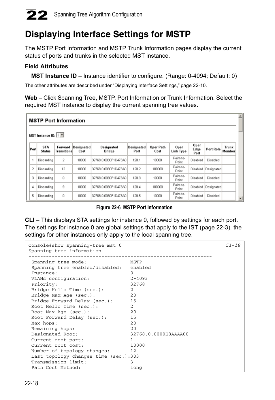 Displaying interface settings for mstp, Figure 22-6, Mstp port information | Accton Technology Direk Tronik ES4524D User Manual | Page 206 / 588