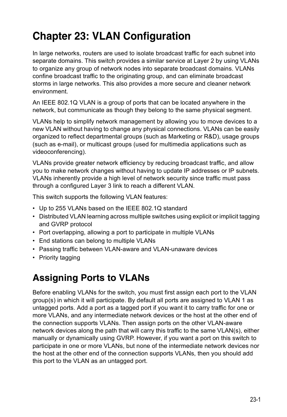 Chapter 23: vlan configuration, Assigning ports to vlans, Vlan configuration | Accton Technology Direk Tronik ES4524D User Manual | Page 209 / 588