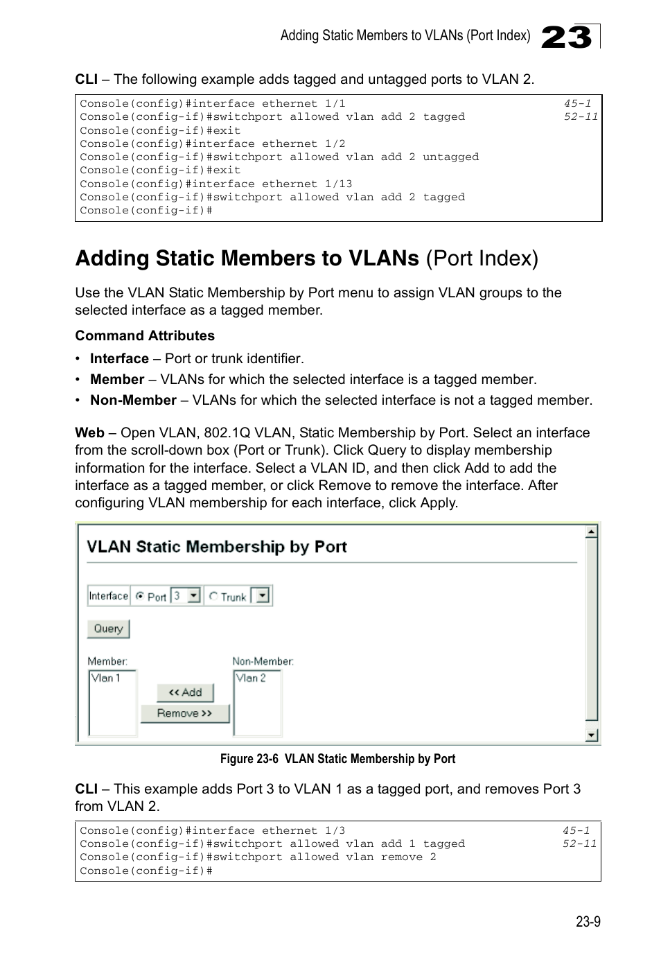 Adding static members to vlans (port index), Figure 23-6, Vlan static membership by port | Accton Technology Direk Tronik ES4524D User Manual | Page 217 / 588